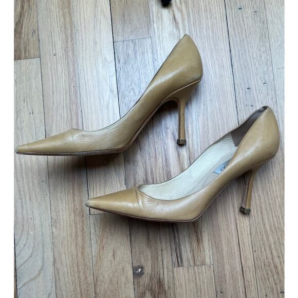 Jimmy Choo Women's 38.5 US 8.5 Camel Tan Heels Pumps Pointed Toe FLAWS - Picture 2 of 15